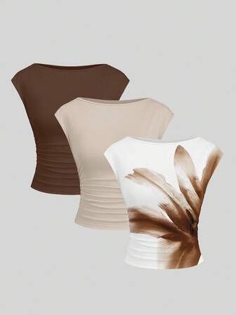 Sweetra Set de 3 blusas/camisetas de mujer ajustadas, con espalda descubierta, transpirables y de secado rápido