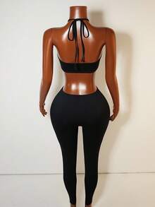 Mistrie Women's Sexy Backless Halter Neck Bodycon Jumpsuit, Summer - Black - View 2