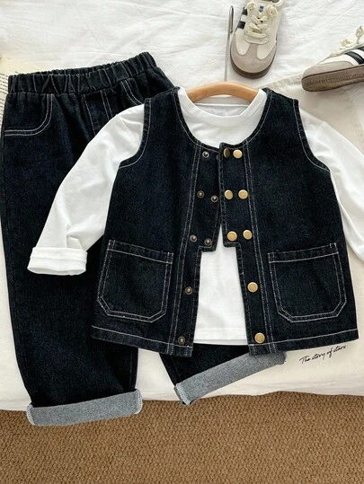 Genkimix Kids 3 件套年轻男童秋季新款服装，儿童韩版复古牛仔背心，休闲直筒裤，白色 T 恤，时尚街头时尚 3 件套