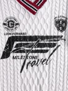 Manfinity Joysei 男士休闲拼布条纹装饰V领字母图案毛衣，秋冬 - 白色 - 查看 4