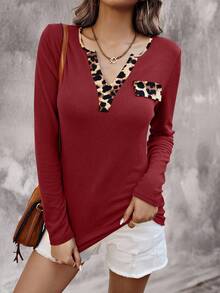 EMERY ROSE Women's Leopard Patchwork Simple Daily Notch Neck Long Sleeve T-Shirt Graphic Cheetah Print Tees Women Tops For Spring - Burgundy - View 4
