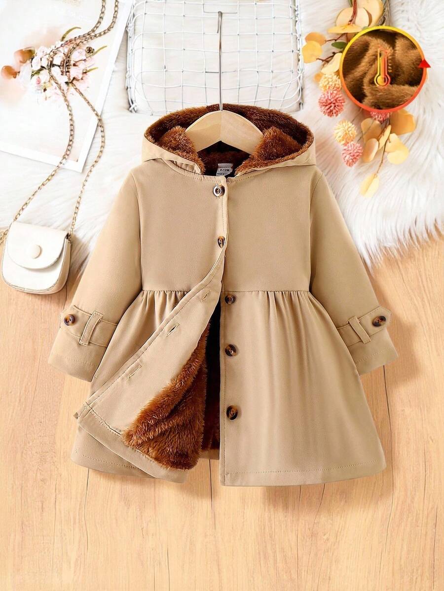 SHEIN Vintaside Kids 女婴卡其色长袖连帽保暖外套，时尚百搭，适合秋冬季节穿着，是女婴冬季的理想之选。