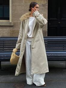 DAZY 女士宽松长款系带拼接毛领厚口袋长袖羽绒服，秋冬款 - 卡其色 - 查看 1