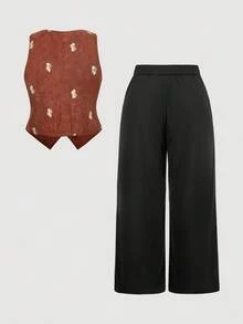 SHEIN MOD Plus Size Women's Embroidered Khaki Cropped Tank Top, Black Knit Pants Vest And Pants Set Wide Leg Pants Woman 70s Women Outfit, Embroidered Tops, Vintage Corduroy, Autumn And Winter Suits, Matching Suits Two Pieces Outfit Set Wide Leg Pants Outfit Brown Vest Outfit 70s Outfit Women Outfit Set Brown Outfit Women