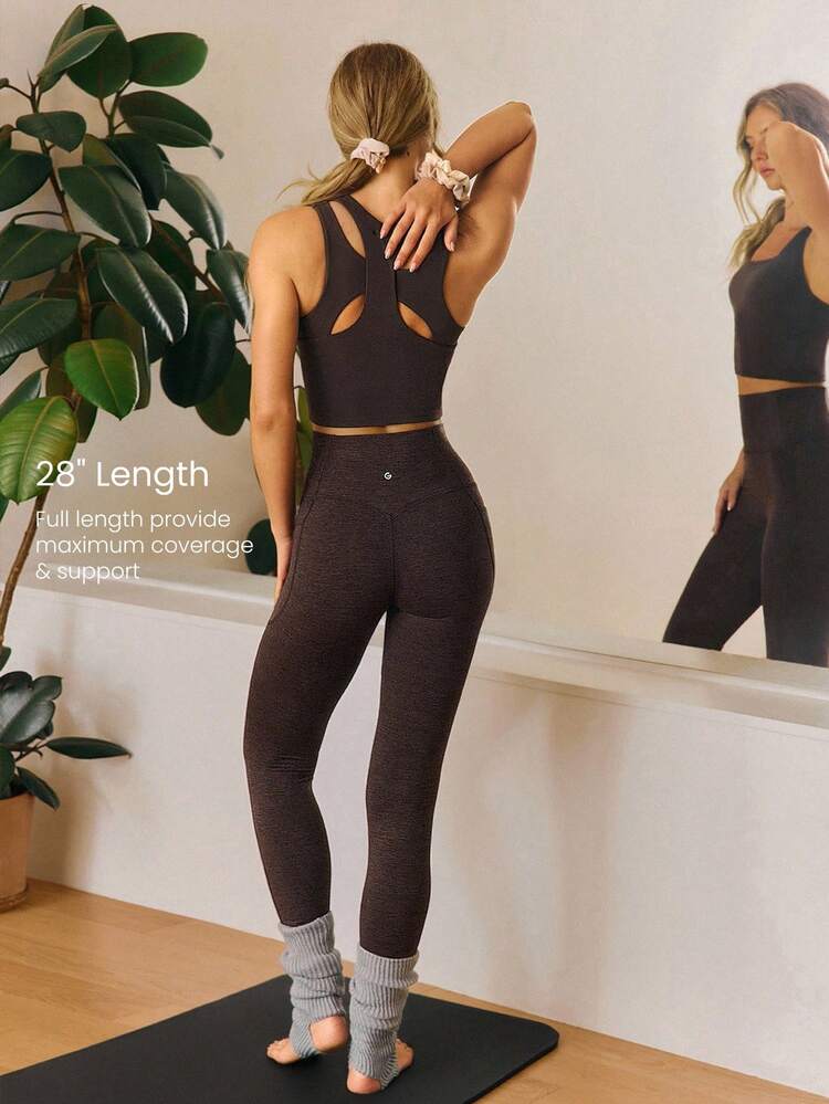 GLOWMODE Quần legging cạp siêu cao 28 inch Softy Velvaire không đường may phía trước với túi bên hông, thích hợp cho yoga, pilates, tập luyện nhẹ nhàng, mặc hàng ngày, mùa xuân hè. - Màu nâu Sô-cô-la - Xem 4