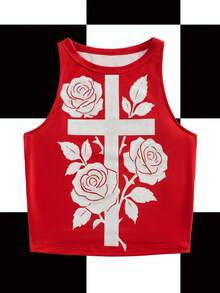 Y2Kool BiGraphic Red, Cross, Floral, Rose, Glitter Effect, Halloween, Goth, Streetwear, Y2K, Fitted Casual Tank Top For Women, Suitable For Summer, Autumn, Vacation, Gathering, Party, Daily Wear Red Tank Top Rose Tank Top Cross Tank Top Red And White Tank Top Floral Tank Top Sexy Top
