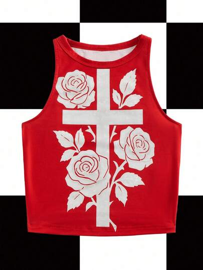 Y2Kool BiGraphic Red, Cross, Floral, Rose, Glitter Effect, Halloween, Goth, Streetwear, Y2K, Fitted Casual Tank Top For Women, Suitable For Summer, Autumn, Vacation, Gathering, Party, Daily Wear Red Tank Top Rose Tank Top Cross Tank Top Red And White Tank Top Floral Tank Top Sexy Top