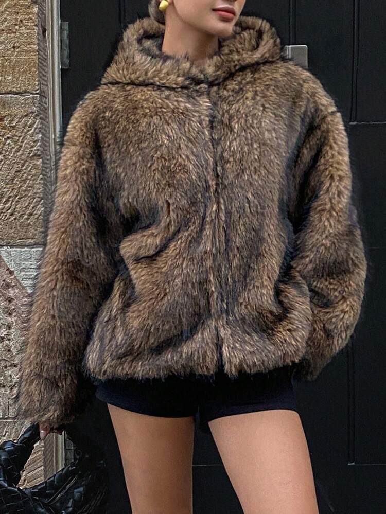 Loose Fit Long Sleeve Hooded Street Style Autumn/Winter Jacket, Faux Fur Coat For Women