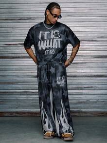 AXEPEAK Men's Star & Flame Print Fashion Streetwear Knit T-Shirt And Pants Set, Cozy Outfits - Black - View 1