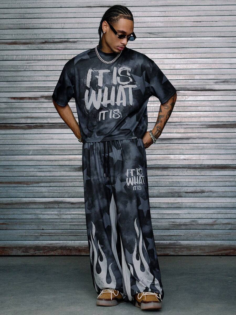 AXEPEAK Men's Star & Flame Print Fashion Streetwear Knit T-Shirt And Pants Set, Cozy Outfits - Black - View 1