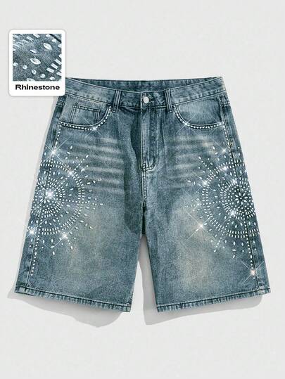 Men's Loose Fit Rhinestone Embellished Denim Shorts