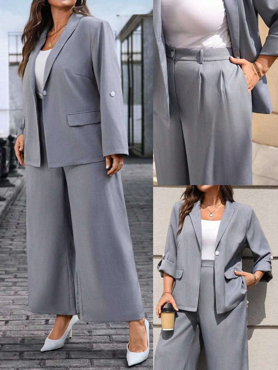 EMERY ROSE Plus Size Women Solid Color Lapel Roll-Up Sleeve Jacket And Pants Casual Suit Set Autumn/Winter Business Casual Women's Two Piece Outfits, Gray Business Suit Fall