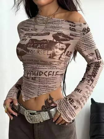 Coolane Blusa de mujer de estilo vintage para todas las estaciones, con estampado de periódico, hombros descubiertos y cuello asimétrico, de tela elástica