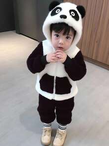 2 件套幼儿男童卡通刺绣 3D 耳朵设计羊毛连帽衫和裤子套装，适合秋冬季日常穿着和各种场合