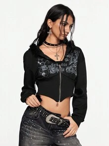 ROMWE Grunge Punk Y2K Subculture 复古修身豹纹连帽运动衫，复古花卉印花水钻装饰女式运动衫 - 黑色 - 查看 4