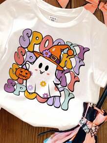 Baby Girl 3pcs Cute Halloween Set, White & Purple & Apricot Yellow Simple Round Neck Short Sleeve T-Shirts, Suitable For Street Style, Home, Party - Multicolor - View 3