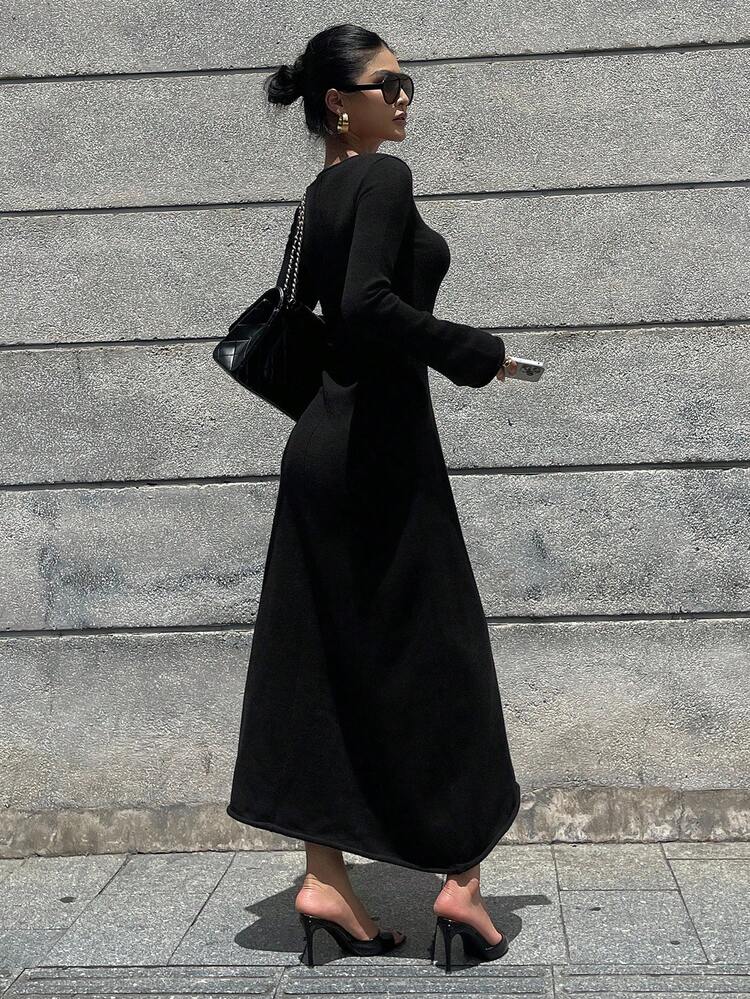 Women's Crew Neck Long Sleeve Fitted Long Sweater Dress