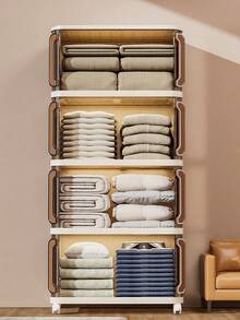 SHEIN 3/2/1层轻便收纳柜厨房客厅玩具收纳可折叠柜透明拉出式鞋盒折叠省空间鞋架加厚导轨储物整理盒 - 透咖 - 查看 6