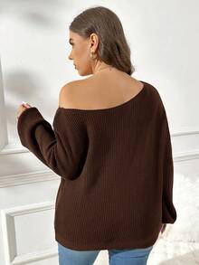 SHEIN Essnce Quần áo nữ cỡ lớn mùa thu mùa thu Quần áo nữ thời trang mới thường ngày đi làm vải chải thường ngày màu trơn màu xanh nước biển rộng rãi mặc nhiều lần (một bên vai, vai xiên, vai thường) Áo len dệt kim, áo len chui đầu hở vai, áo dài tay hở vai, áo len nữ mùa thu, - màu nâu - Xem 2