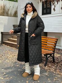 SHEIN EZwear Áo khoác dài chần bông dày cỡ lớn, mùa đông - màu đen - Xem 4