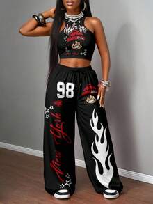 Slaydiva 2 件套女士休闲街头紧身吊带背心和宽松裤子套装，适合街头风格，黑色卡通人物和火焰印花，适合嘻哈 - 彩色 - 查看 4