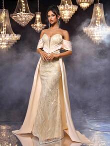 Glamrae Elegant Champagne Satin Strapless Formal Evening Dress, Luxury Dignified Pleated Waistline Bowknot High-Low Hem Train Wedding Gala Party Gown - Champagne - View 4
