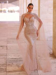 Glamrae 优雅奢华串珠亮片花卉两件套美人鱼连衣裙，适合婚礼、派对、度假、庆典、正式场合（重度装饰） - 卡其色 - 查看 6