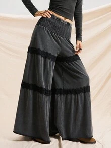 Easelle Fashion Holiday Retro Lace Edge Wide Leg Pants Snow-Washed Wide Leg Trousers Splicing Lace Retro Casual Autumn And Winter Fall Clothes Women - Black - View 3
