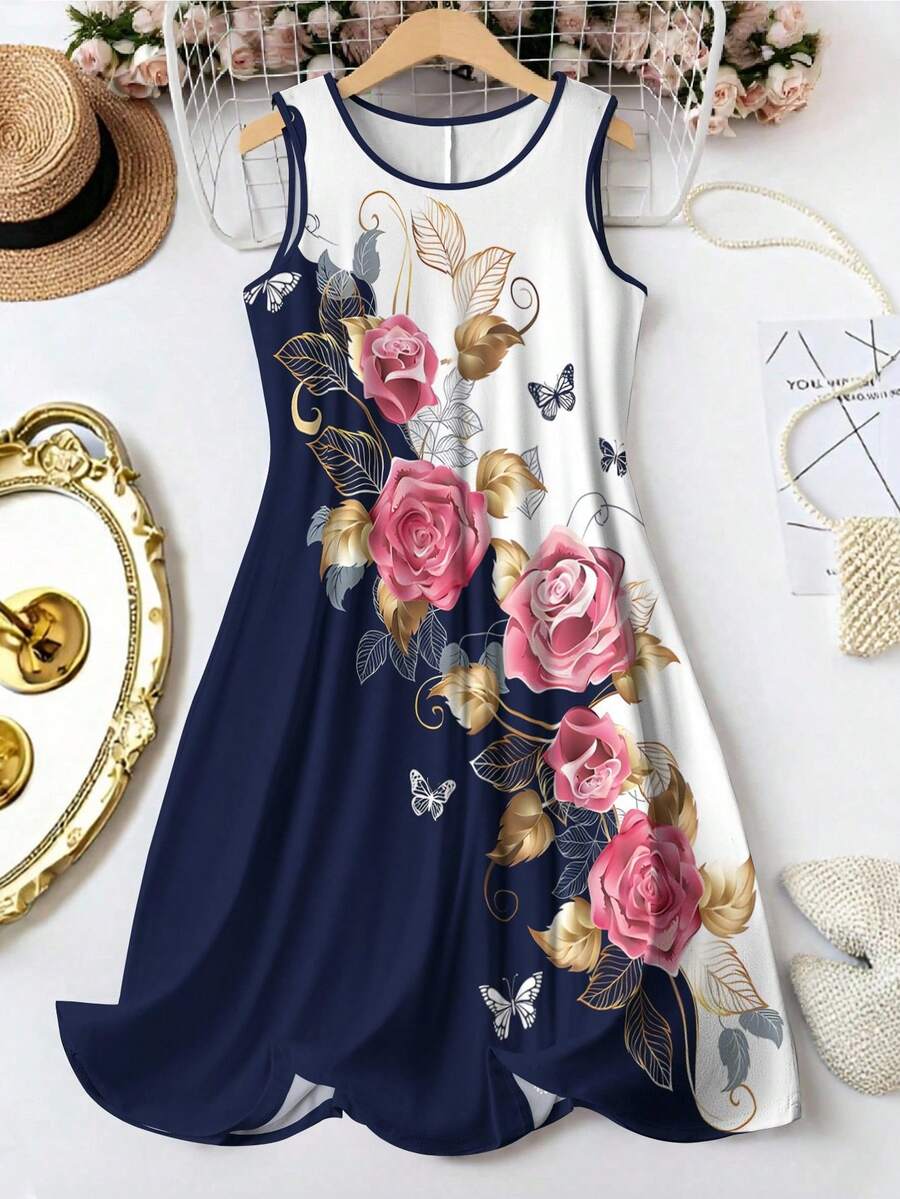 EMERY ROSE Đầm không tay cổ tròn in hoa cỡ lớn cho nữ - Nhiều màu - Xem 1