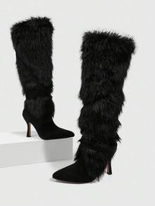 CUCCOO SZL 性感时尚奢华派对尖头细高跟仿皮毛衬里拉链黑色过膝长靴女款 - 黑色 - 查看 2