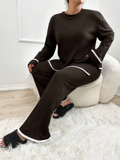 EURMUSE Set 2 buc. pulover cu mânecă lungă și pantaloni, mărime plus, cu garnitură contrastantă