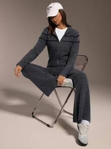 Hanevo 秋冬时尚条纹连帽针织开衫+针织裤套装 - 灰色 - 查看 6