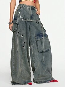 ROMWE Grunge Punk Quần jeans nữ cạp thấp dáng rộng phong cách Punk Streetwear - Màu xanh lam - Xem 1