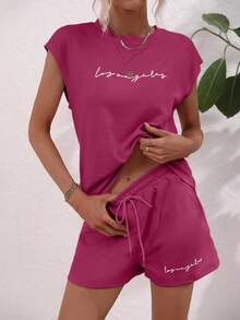 SHEIN LUNE 女式无袖背心和抽绳短裤两件套，休闲家居服 - 玫紅色 - 查看 5