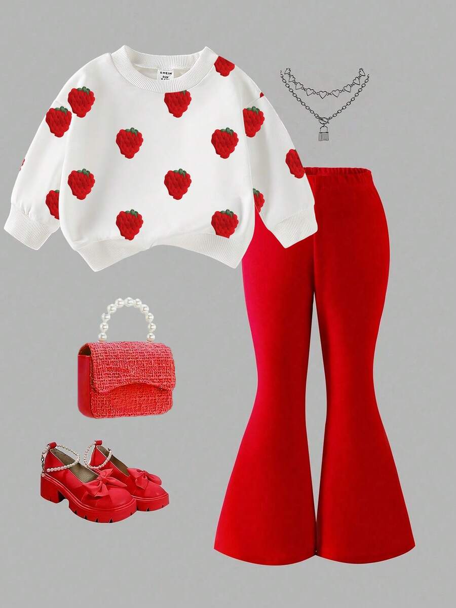 SHEIN ChillGRL 2 件套年轻女孩休闲时尚甜美可爱草莓印花白色圆领运动衫和红色喇叭裤套装，秋冬女童运动衫和裤子两件套休闲装 - 彩色 - 查看 1
