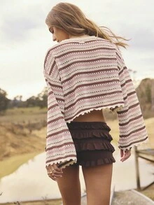 Aralina Fall Winter Wide Long Sleeve Mulit Colour Striped Knitted Cropped Sweater With Scalloped Hem And Cuff Detail - Multicolor - View 2
