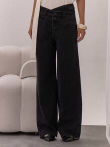 MUSERA Celana Jeans Denim Lebar Model Washed dengan Detail Kancing dan Model Pinggang Silang, Elegan dan Seksi untuk Acara Malam Hari, Liburan, Musim Gugur, Padu Padan Berlapis, Chic untuk Musim Semi dan Musim Panas. - Hitam - View 1