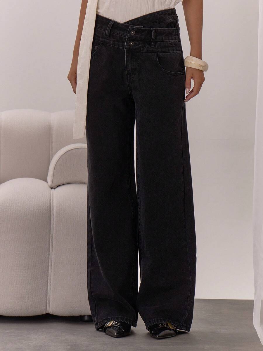 MUSERA Celana Jeans Denim Lebar Model Washed dengan Detail Kancing dan Model Pinggang Silang, Elegan dan Seksi untuk Acara Malam Hari, Liburan, Musim Gugur, Padu Padan Berlapis, Chic untuk Musim Semi dan Musim Panas. - Hitam - View 1