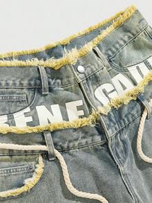 ROMWE MEN Street Life Men's Loose Fit Denim Shorts With Sparkling Diamond Waistband