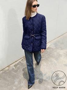 Aveloria Modichic 通勤休闲菱形图案缝合金属扣腰带，修身女士加厚棉服外套冬季 - 藍色 - 查看 1