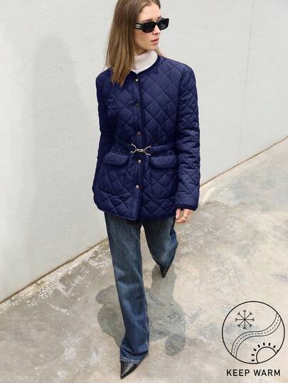 Aveloria Modichic 通勤休闲菱形图案缝合金属扣腰带，修身女士加厚棉服外套冬季