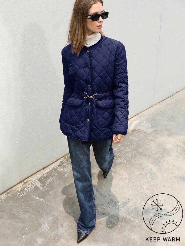 Aveloria Modichic 通勤休闲菱形图案缝合金属扣腰带，修身女士加厚棉服外套冬季