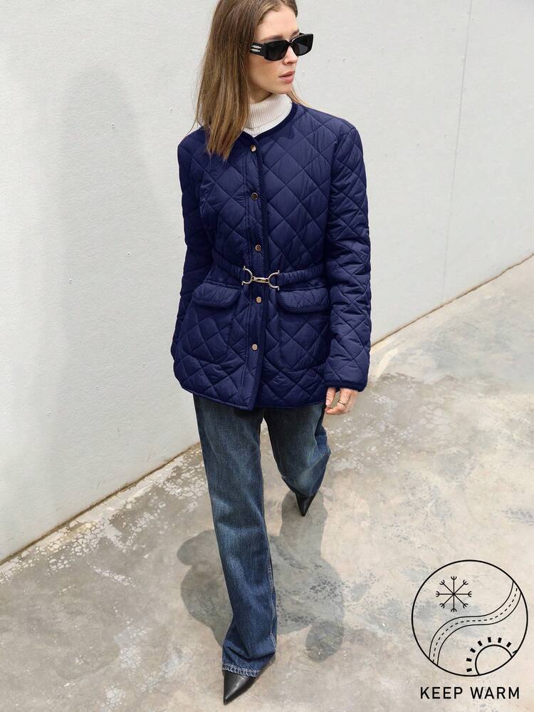 Aveloria Modichic 通勤休闲菱形图案缝合金属扣腰带，修身女士加厚棉服外套冬季 - 藍色 - 查看 1
