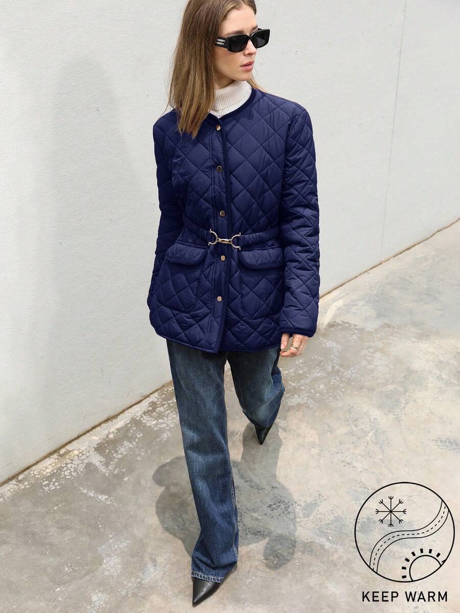 Aveloria Modichic 通勤休闲菱形图案缝合金属扣腰带，修身女士加厚棉服外套冬季 - 藍色 - 查看 1