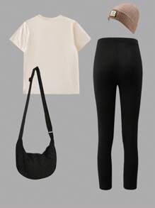 女孩休闲可爱卡通熊和字母图案印花短袖 T 恤和紧身裤两件套，适合返校装