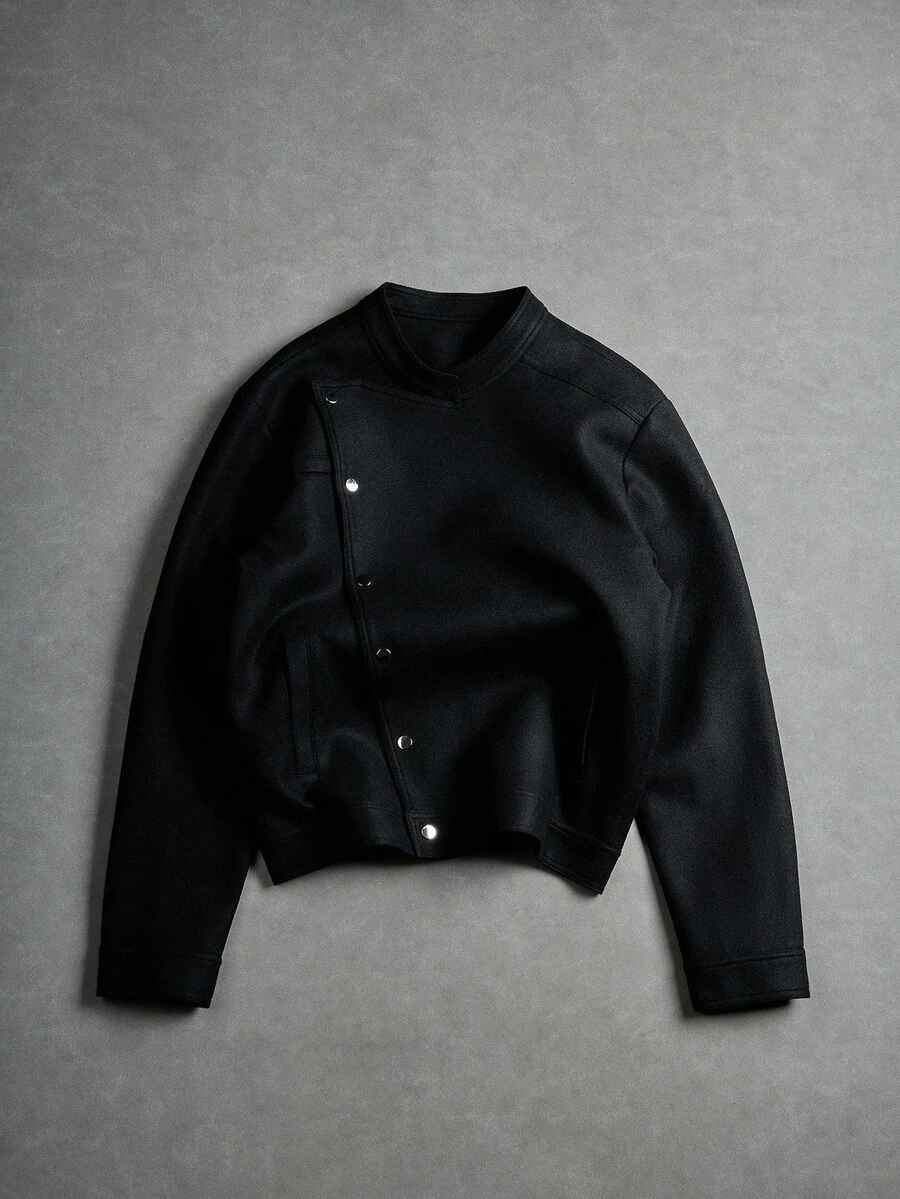 Manfinity EMRG Men's Oblique Button Long Sleeve Jacket, Asymmetrical Button Design Casual Jacket, Recommended Gift For Husband, Boyfriend, Friend, Black Cropped Jacket Men, Black Jacket Men, Fall - Black - View 1
