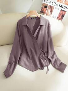 Modelyn Women's Casual Solid Color Wrap Tie Long Sleeve Shirt,Fall Tops - Dusty Purple - View 1