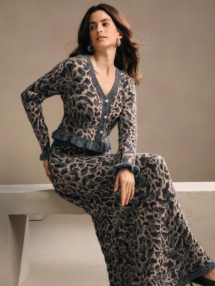 Shiny Leopard Print Knit 2 Pieces Set, Suitable For Fall, Winter, Spring, New Year, Party, Wedding, Chic, Stylish, Formal, Work, Thanksgiving, Graduation, Christmas, Festival