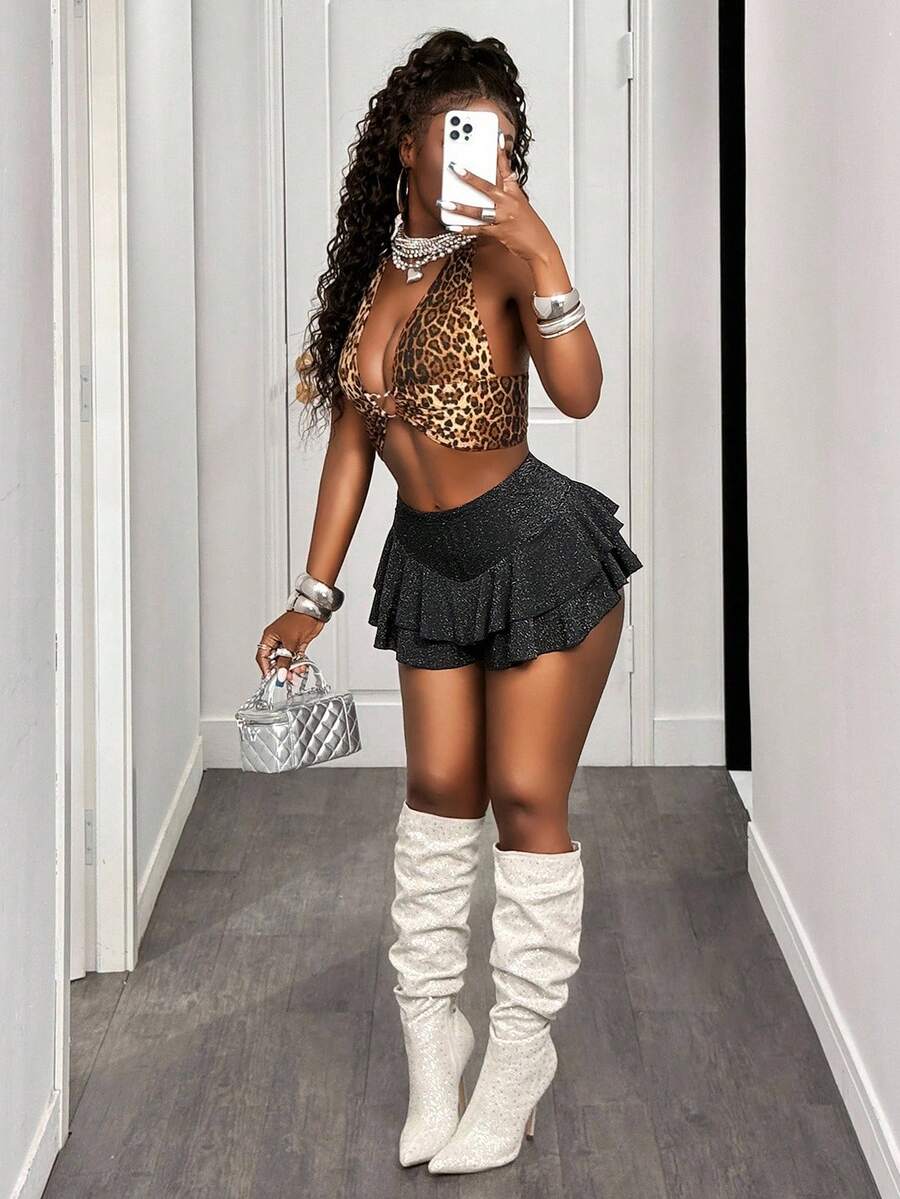 BamGleam 女士亮片印花荷叶边下摆宽松时尚裤裙新年性感俱乐部节日派对服装女装 - 黑色 - 查看 1