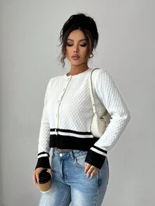 SHEIN Clasi Elegant Romantic Striped Round Neck Cardigan With Metal Button Decor, Black & White Knit Sweater For Women, Autumn - Black and White - View 5